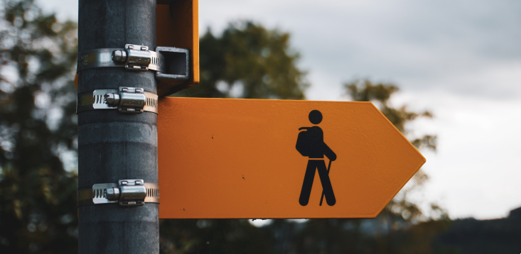 A sign post with an individual walking.