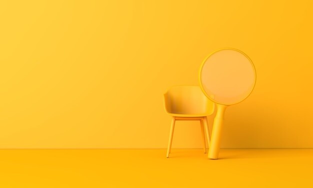 Yellow walled room with a yellow chair and yellow magnifying glass side by side.