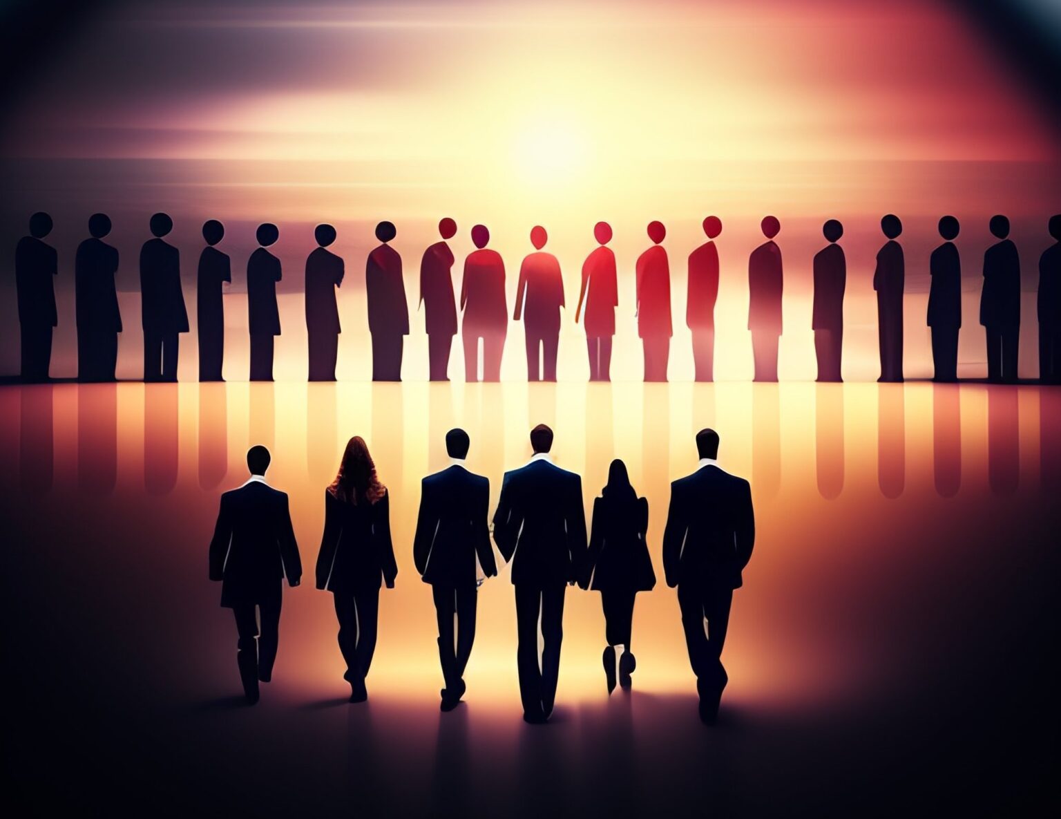 An illustration of a group of leaders walking towards a group of people standing in a line in front of them