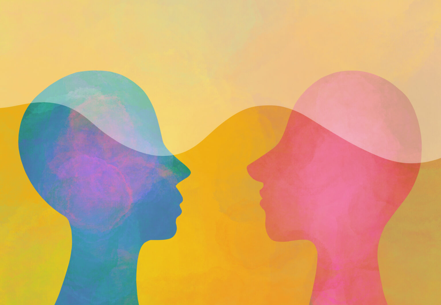 Abstract silhouettes of two individuals' side profiles